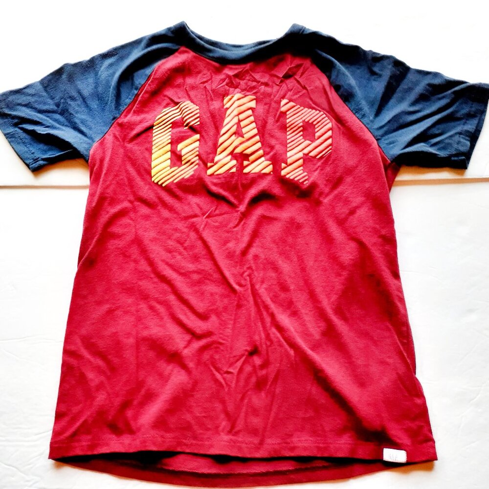 Gap Boys T-Shirt Navy Burgundy Logo Short Sleeve Raglan Large